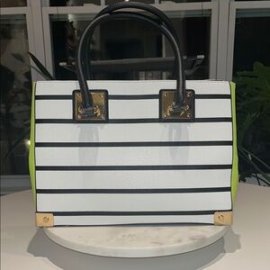 Striped White and Black Handbag with Green Accents